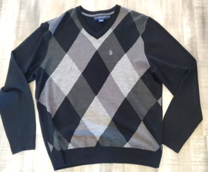 U.S. POLO ASSN. Men's Argyle V-Neck Cardigan Sweater Size Large Gray Black - Picture 1 of 8