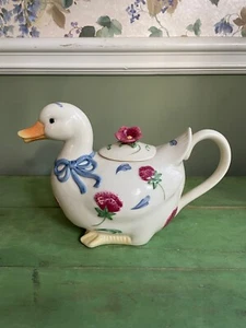 Vintage LENOX Duck Teapot Poppies On Blue Barnyard Collection 1998 - Picture 1 of 7