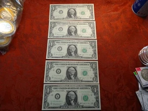 5x 1963 B US Consecutive Serial # One Dollar $1 Uncirculated FRN Barr Notes - Picture 1 of 13