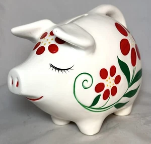 Vintage White Ceramic Piggy Bank Floral Decoration 8 1/2" Long 6 1/4" Tall - Picture 1 of 8