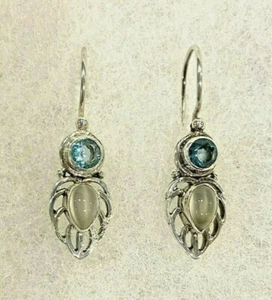 Sterling Blue Topaz & Moonstone Drop Earrings Approx. 1 1/8 In. Long - 3.4 Grams - Picture 1 of 8