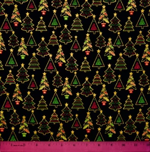Christmas Trees Fabric - HALF YARD - Sparkles! 100% Cotton Holiday Gold Black - Picture 1 of 1