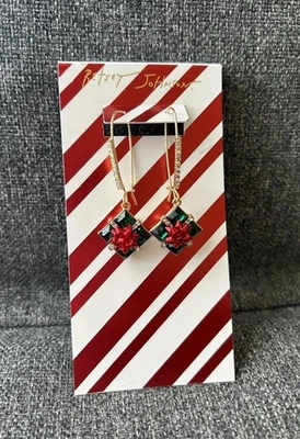 Betsey Johnson Christmas Present Gold Tone Green Crystal Red Bow Dangle Earrings - Image 1 of 3