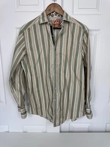 Men’s Robert Graham Flip Cuff Green Purple Striped Button Front Shirt Size Med - Picture 1 of 7