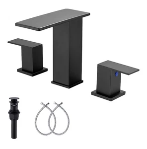 Grifo de lavabo de baño amplio negro mezclador de lavabo de tocador de 2 manijas y 3 orificios con desagüe - Imagen 1 de 2