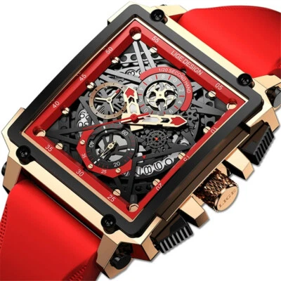 LIGE Men Watch Rectangle Sport Quartz Wristwatch Red Rubber Strap Males Watches - Image 1 of 4