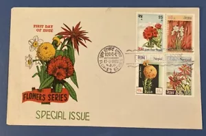 1969 Nepal FDC Stamps #224-227 Se-Tenant Block Flowers Series - Picture 1 of 2