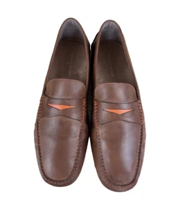 Donald J Pliner Brown Leather Driving Mocs Mens Slip On Shoes Orange Trim 14 - Picture 1 of 6