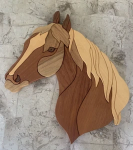 Vintage Multiple Wood Western Horse Head Art Mosaic Relief Wall Plaque Signed - Picture 1 of 6