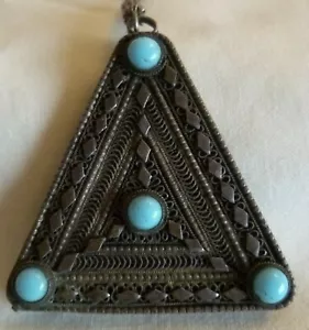 COLGANTE VINTAGE BISALEL JERUSALEM ISRAEL PLATA ESTERLINA FILIGRANA Y TURQUESA - Imagen 1 de 10