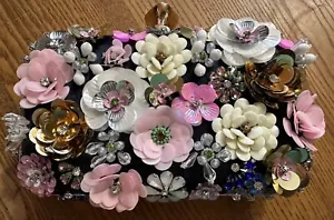 Etsy Clutch Navy Satin with Floral Appliques With Chain Strap and Short Handle - Picture 1 of 4
