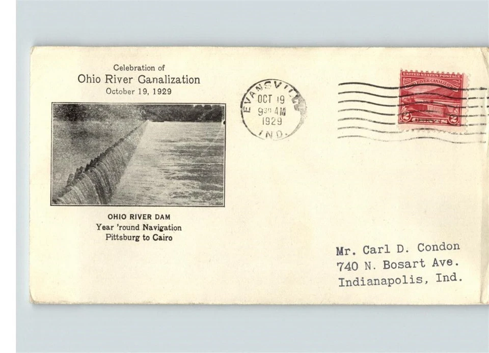 OHIO RIVER Canals, 1929 First Day of Issue, pic of Ohio River Dam, EVANSVILLE, I - Image 1 of 1
