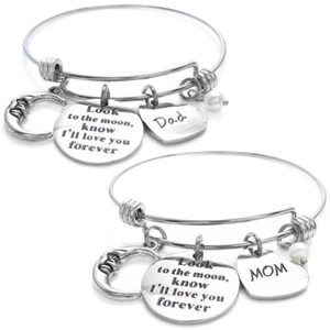 Verstellbarer Armreif Bettelarmband Edelstahl Mond, Herz & Perle Mama oder Papa - Bild 1 von 5