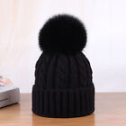 Women Ladies Pom Cashmere Blend Knit Beanie Hat Fox Fur Pompom Ears Winter Cap