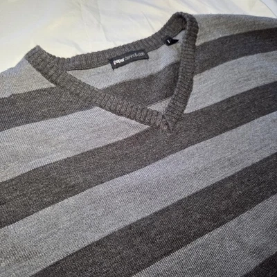 Paper Denim Cloth Mens Sweater Large Gray Striped Vneck Classiccore Preppy Y2K - Image 1 of 4