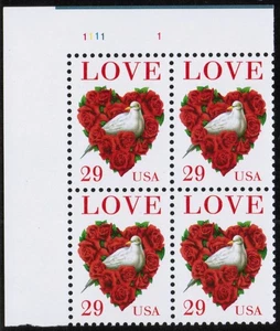 US USA Sc# 2814C MNH FVF PL# BLOCK Love Dove Rose Heart Flowers - Picture 1 of 1