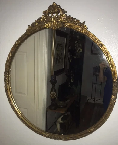 Antique 1931 Aetna Hollywood Regency Large Round Ornate Wood Framed Mirror  32” Cover