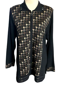 Exclusively Misook Houndstooth Knit Brown Black Zip Jacket Cardigan Size L - Picture 1 of 7