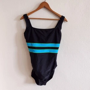 Vintage 90s Speedo One Piece Black Swimsuit Mesh Stripe Built In Bra Size 10 - Picture 1 of 10