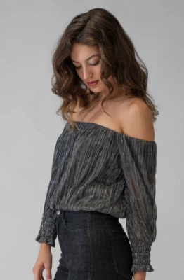 Adrienne Landau Metallic Mesh Off the Shoulder Top Micropleated Metallic Size XL - Image 1 of 3