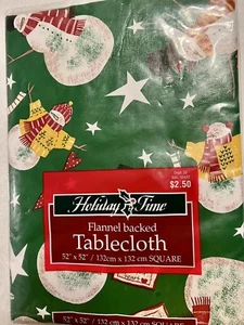 Christmas Vinyl Tablecloth Flannel Back Tablecloth Green With Snowmen 52”x52” - Picture 1 of 4