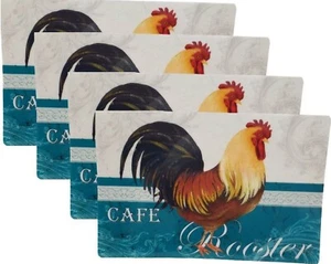 Set of 4 Plastic Textured Semi-Clear Placemats (12"x18") CAFE ROOSTER ON AQUA,BH - Picture 1 of 14