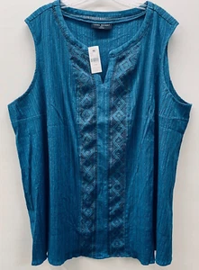 Lane Bryant Women's Size 30/32 Split-Neck Tank Top Blouse Teal Blue Lace Details - Picture 1 of 8