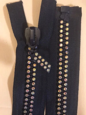 23” Navy Blue Double Row Crystal Rhinestone Open End  Jacket /Bag Zipper - Image 1 of 4