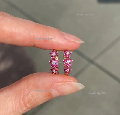 14k Yellow Gold Ruby & Natural Diamond Floral Mini Hoop Earrings New  Jewelry  - Image 1 of 4