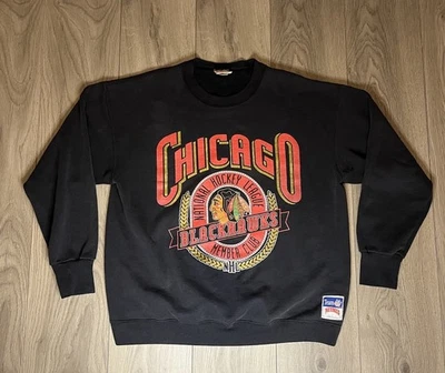 Men’s Vintage Crew Neck Nutmeg Chicago Blackhawks 90s Sweatshirt XL Black USA — 第 1/4 张图片