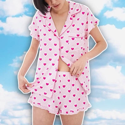 Nuevo sin etiquetas Conjunto de Pijama Corto Rayas y Miradas 2XL Rosa Estampado Corazón Modal Volantes Lovecore Foto 1 de 4