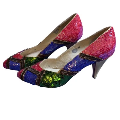 Vintage Ann Marino Rainbow Sequin Pumps Size 8B – 80s/90s Party Heels - Image 1 of 4