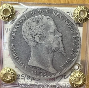 REGNO DI SARDEGNA VITTORIO EMANUELE II 5 lire 1852 GENOVA RARA qBB SUBALPINA - Imagen 1 de 3