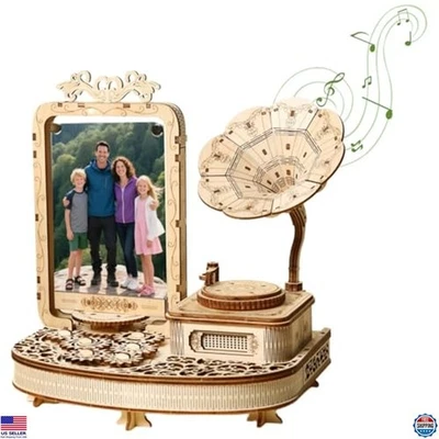 3D Wooden Gramophone Puzzle Kit – DIY Music Box with LED Lights & Photo Frame - Image 1 of 4