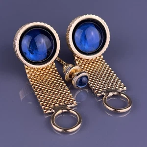 Gemelos envolventes cabujón azul alfiler tono dorado tallado redondo vintage - Imagen 1 de 7