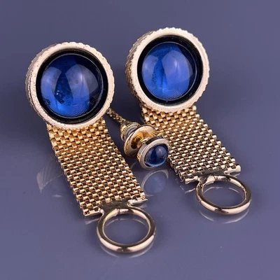 Gemelos envolventes cabujón azul alfiler tono dorado tallado redondo vintage Foto 1 de 4