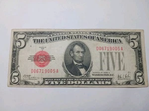 1928 A Red Seal $5.00 Dollar  United States Note  - Nice VF+ Condition - Picture 1 of 6