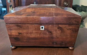 Antique Tea Caddy Mahogany & Brass Fitted Interior Canted Covered Box - Picture 1 of 22