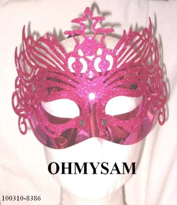 6 NEW FUCHSIA COLOR FACE MASK COSTUME PARTY CARNIVAL HALLOWEEN  GLITTER W/TIES - Image 1 of 2