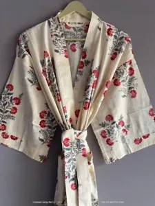Cotton Kimono Robe Dressing Gown, Block Print Bridesmaid Robe, Summer Nightwear, - Picture 1 of 5
