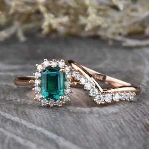 3 Ct Green Emerald Cut Diamond Engagement Bridal Set Ring 14K Rose Gold Finish - Picture 1 of 11