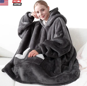 Wearable Blanket Hoodie, Oversized Sherpa Fleece Sweatshirt Blanket with Giant H - Picture 1 of 6