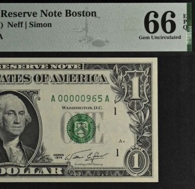 1974 $1 Federal Reserve Note PMG 66EPQ fancy low serial number 00000965 - Image 1 of 3
