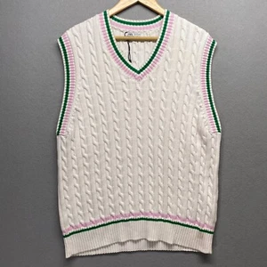 Zara Sweater Vest Womens XLarge Tennis Cableknit Preppy White Pink Green - Picture 1 of 12