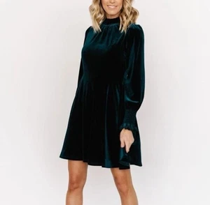 Baltic Born Tina Samt kurzes Minikleid smaragdgrün Swing Stehkragen Rüschen XL - Bild 1 von 20