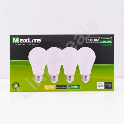 MaxLite 100W Soft White 2700K Dimmable 13 W LED Bulbs A19 E26 1600 lm - 4 Pack - Image 1 of 4
