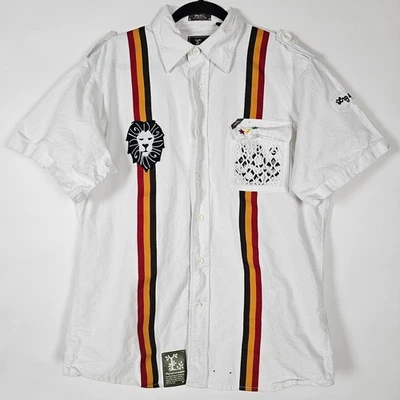 LRG Wovens Y2K Striped 100% Cotton Mens Large Short Sleeve White Button Shirt - Image 1 of 4
