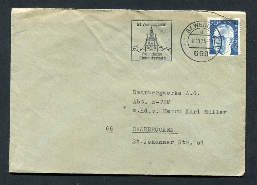 Alemania - RFA: Bonita portada de 1974 - St. Wendel, Sarre - publicidad cancelar Foto 1 de 1
