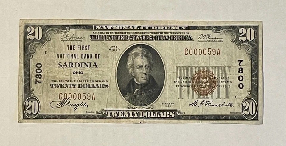 U.S. (Sardinia, OH) - Series of 1929 $20.00 National Currency Banknote - Image 1 of 2