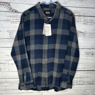 Native Youth Plaid Blue Gray Button Down Long Sleeve Flannel Shirt Slim Fit XL - Image 1 of 4